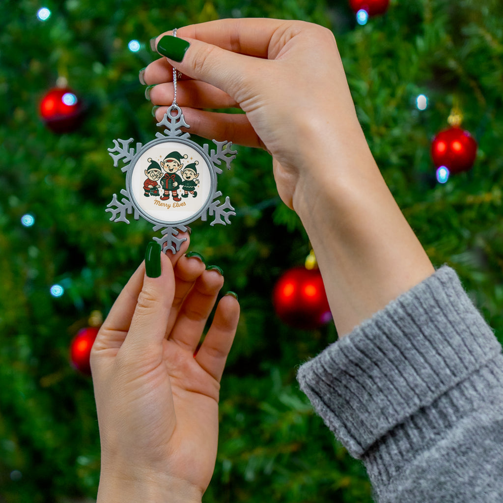 Pewter Snowflake Ornament — 'Merry Elves' Christmas Tree Decoration