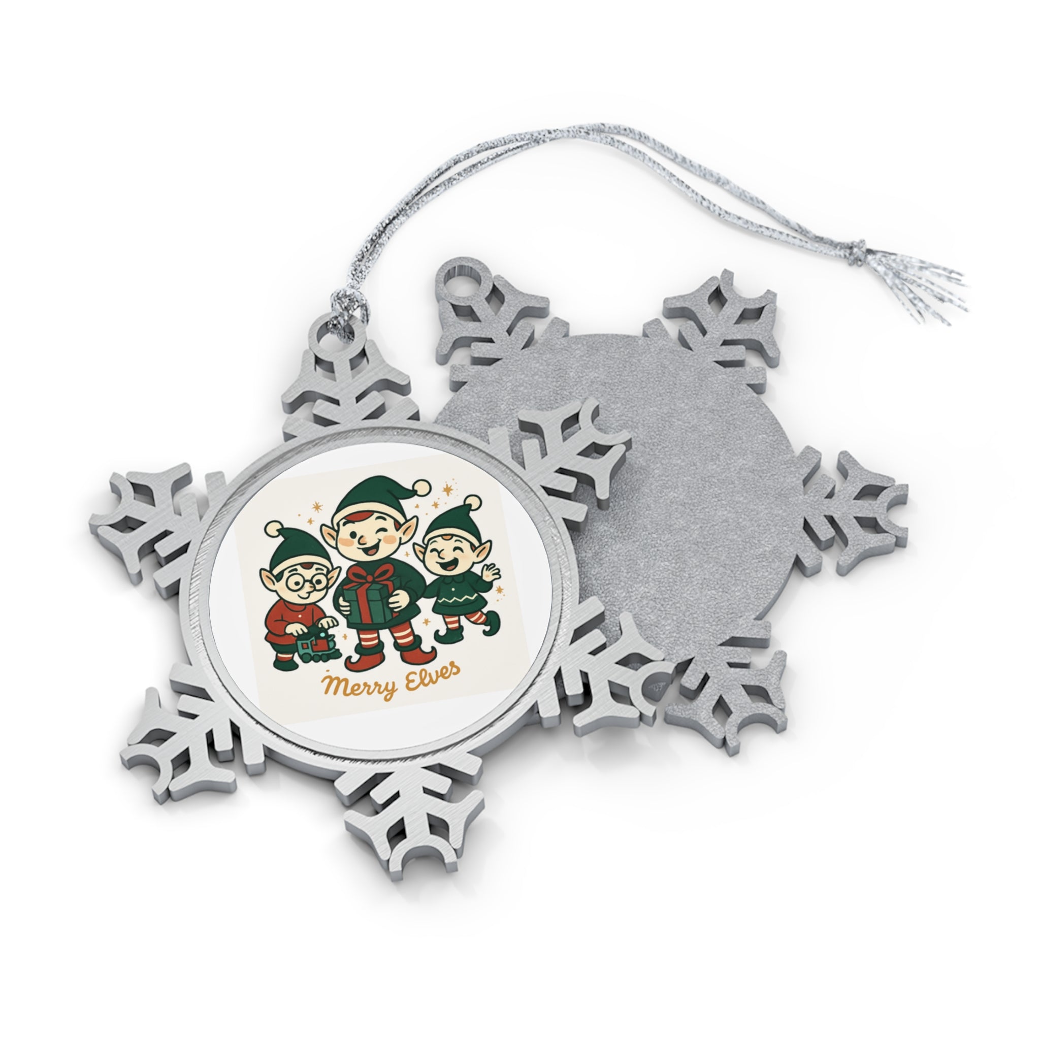 Pewter Snowflake Ornament — 'Merry Elves' Christmas Tree Decoration